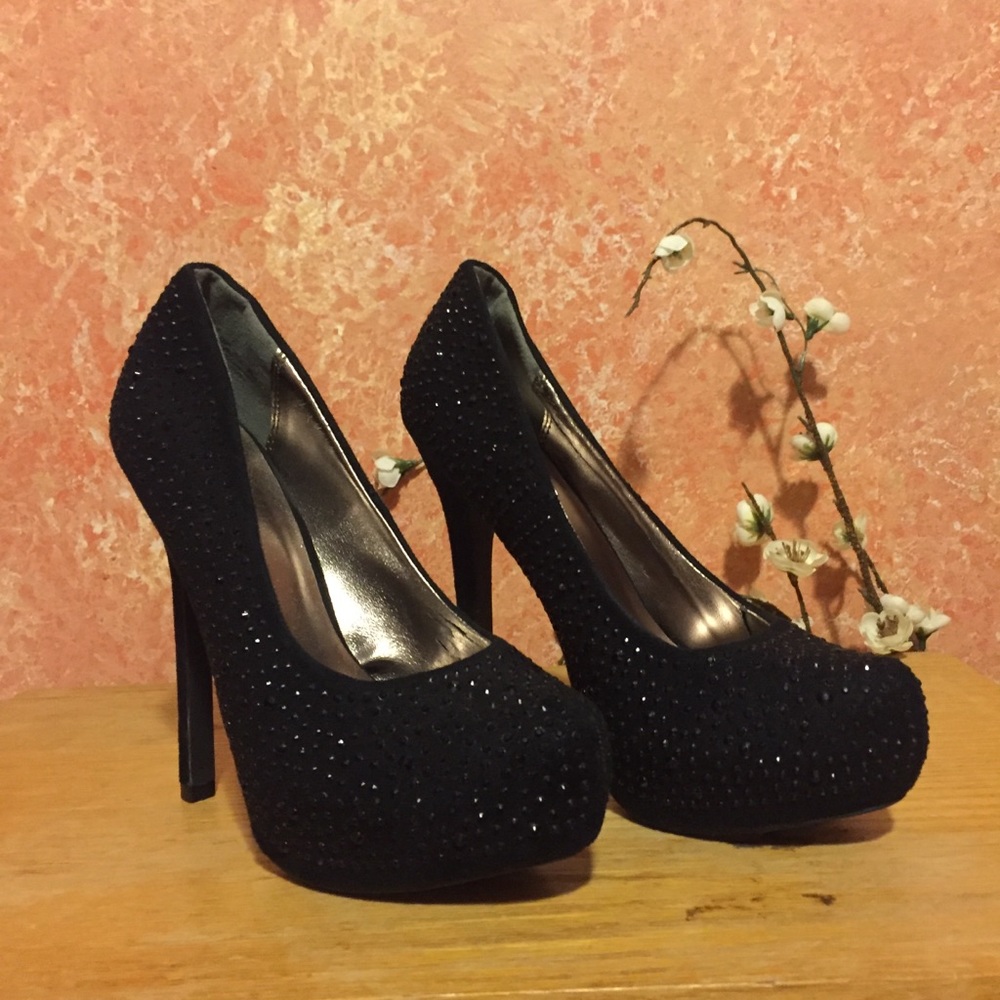Black Jeweled Black Platform Heels